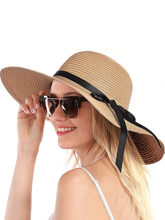 1pc Women Solid Bow Wide Brim Sun Protection Straw Hat