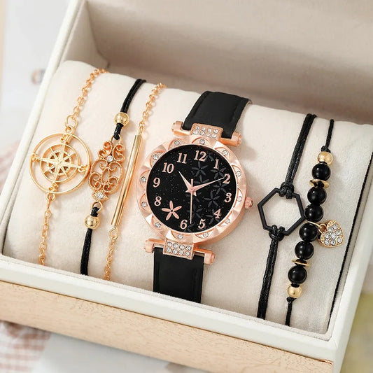 6pcs Black Flower Quartz Watch