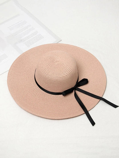 1pc Women Solid Bow Wide Brim Sun Protection Straw Hat