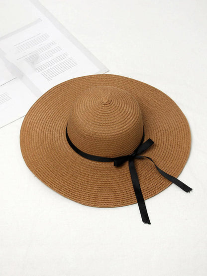 1pc Women Solid Bow Wide Brim Sun Protection Straw Hat