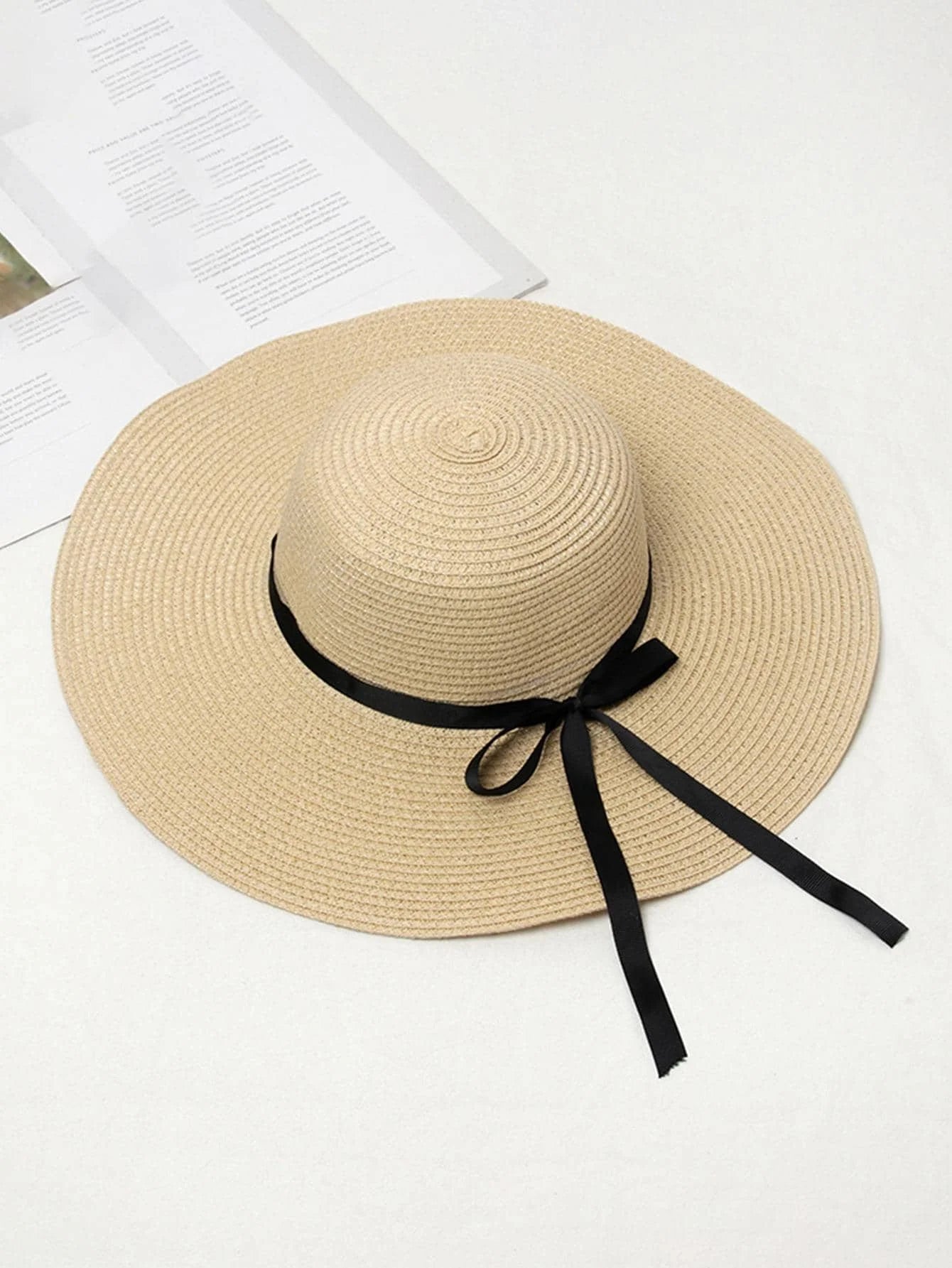 1pc Women Solid Bow Wide Brim Sun Protection Straw Hat