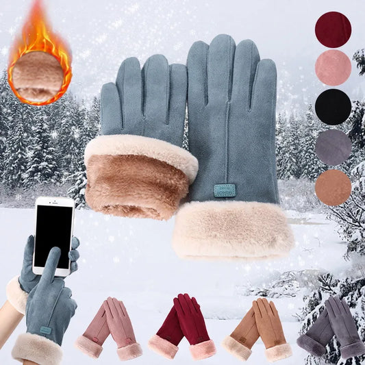 Winter Female Cashmere Warm Suede Leather Gloves