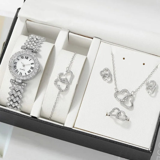 6pc Dainty Quartz Watch With Heart Jewelry Set