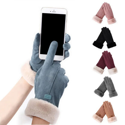 Winter Female Cashmere Warm Suede Leather Gloves