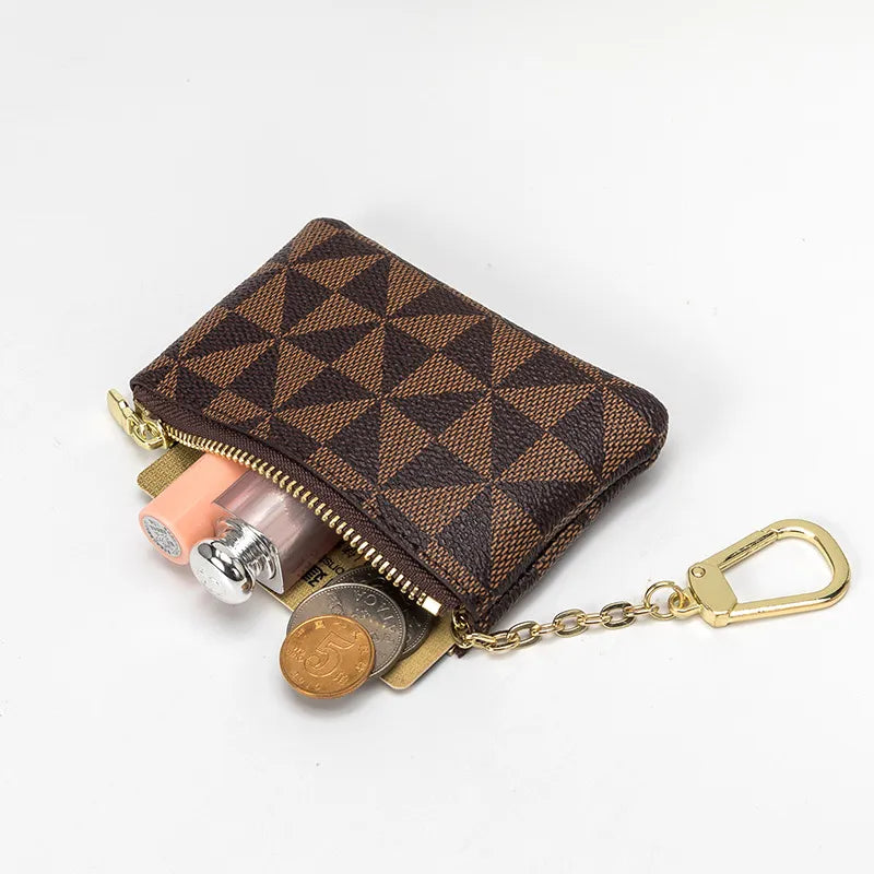 Luxury Designer Plaid Leather Small Zipper Wallet Ladies Keychain Trendy