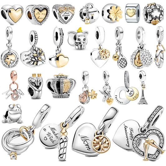 925 Sterling Silver Bead Golden Charm Fit Original Pandora Bracelet DIY Women Jewelry