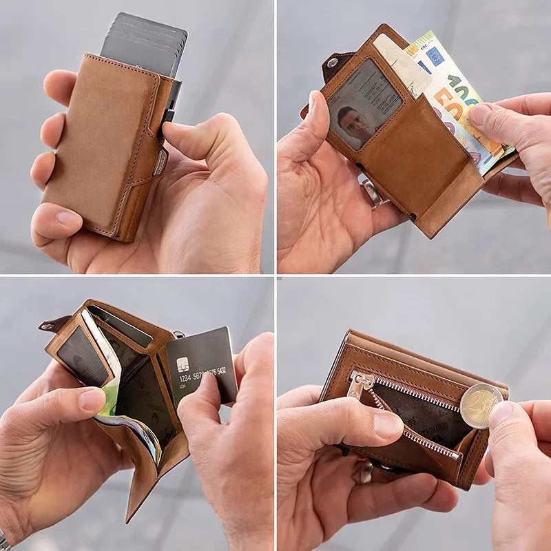 Pop-Up Credit Card Case with RFID Protection Genuine Leather Wallet