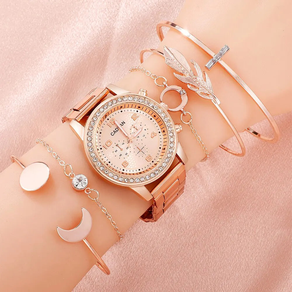 6PCS Set Women Rose Gold Luxury Quartz Watch