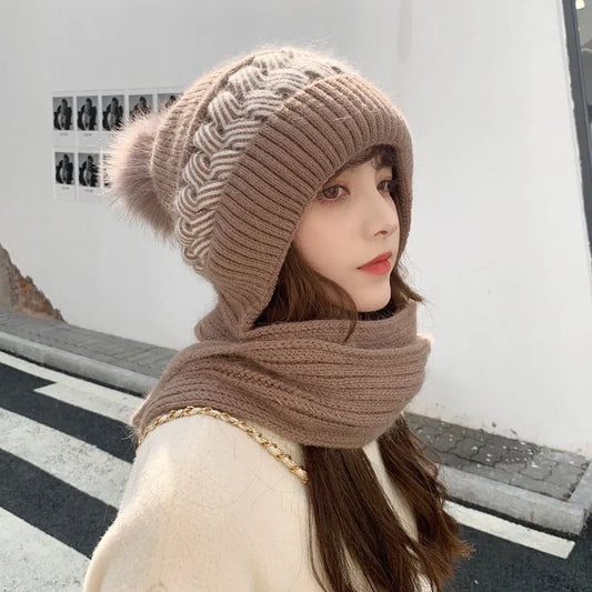 Rabbit Hair Blend Knitted Hat and Scarf Set