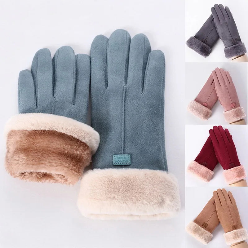 Winter Female Cashmere Warm Suede Leather Gloves