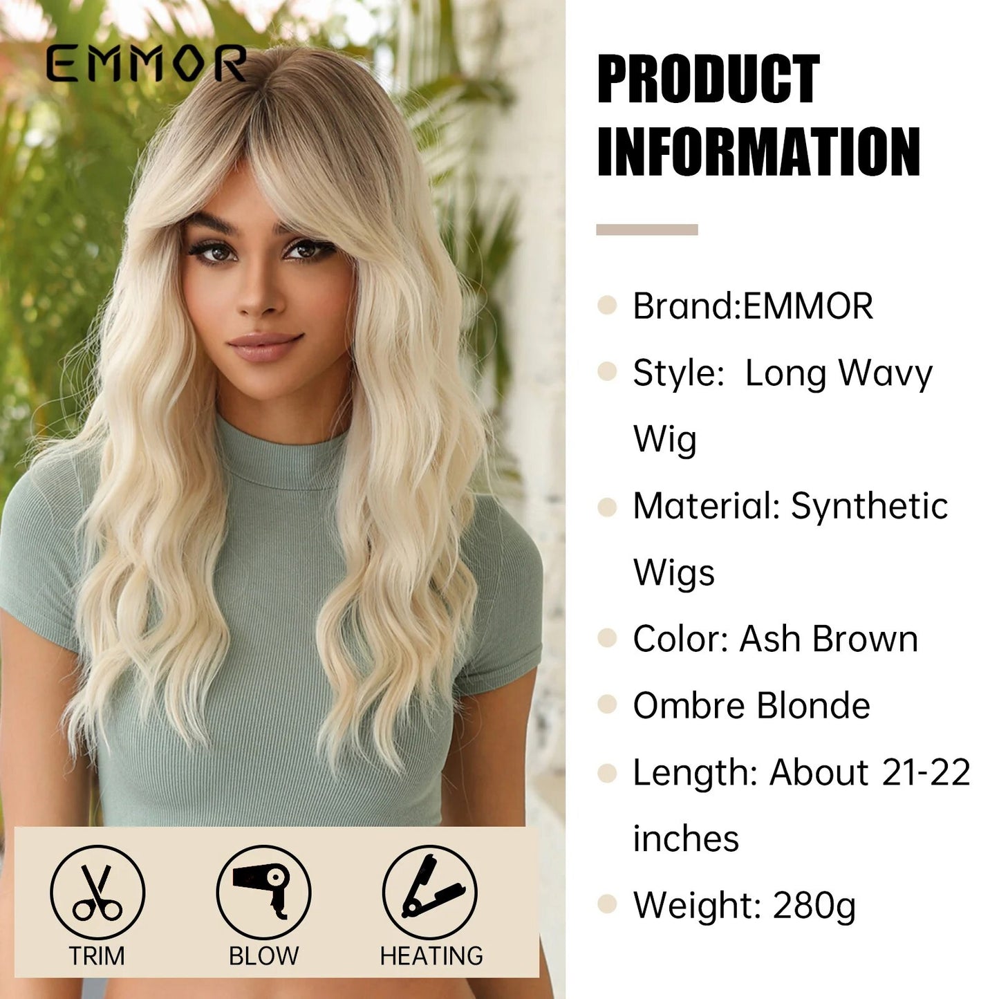 Emmor Long Natural Wavy Wigs with Side Bang