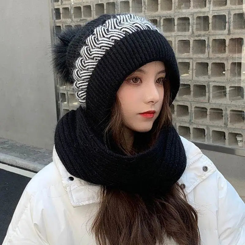 Rabbit Hair Blend Knitted Hat and Scarf Set