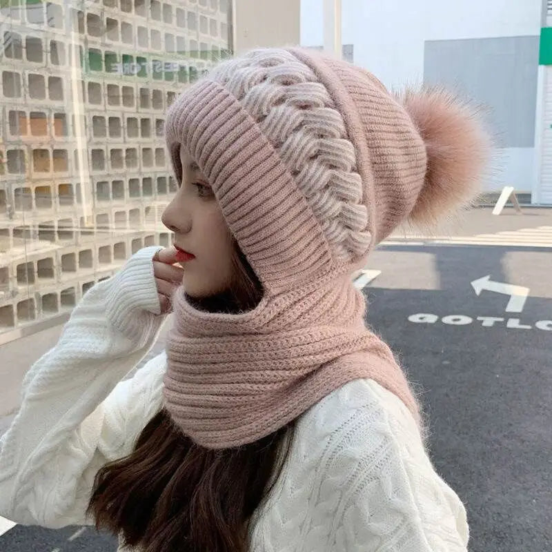 Rabbit Hair Blend Knitted Hat and Scarf Set