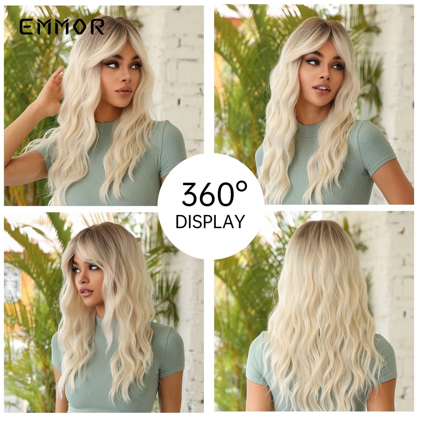 Emmor Long Natural Wavy Wigs with Side Bang