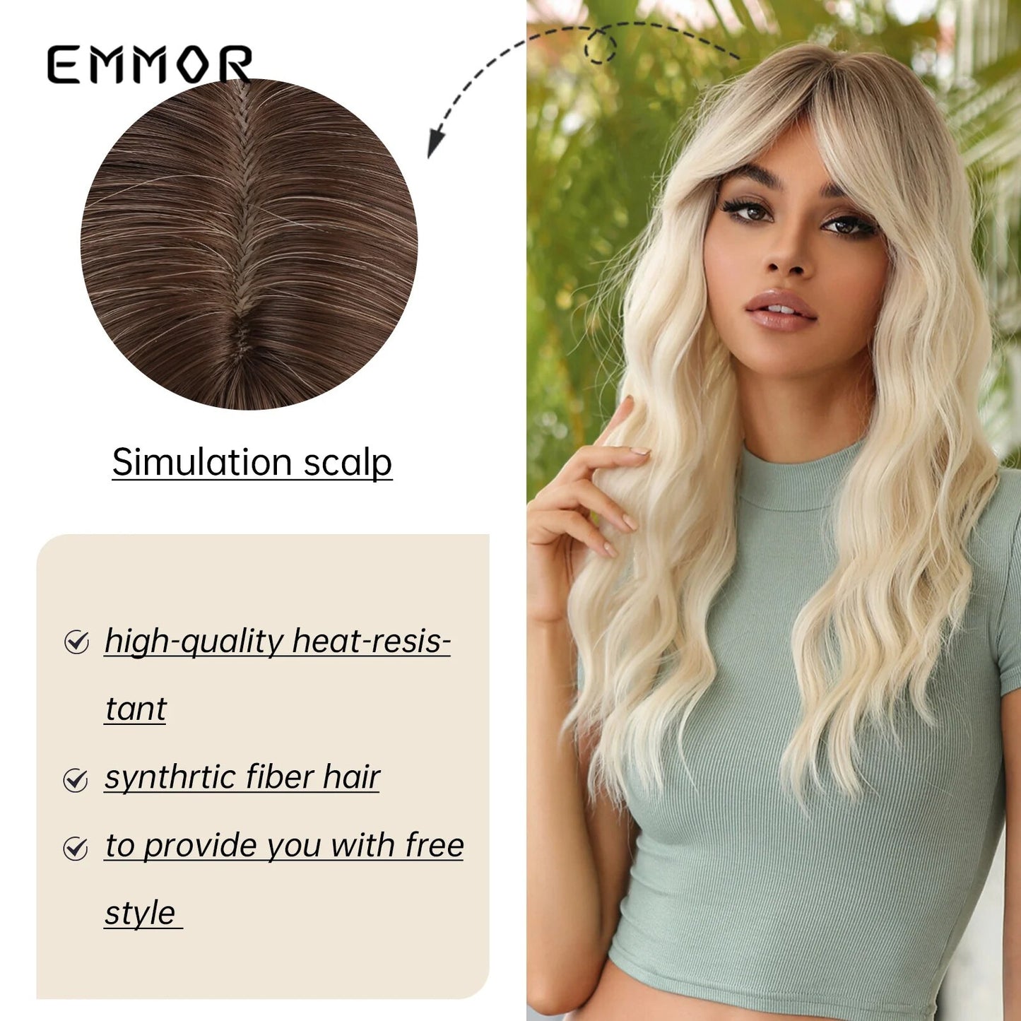 Emmor Long Natural Wavy Wigs with Side Bang