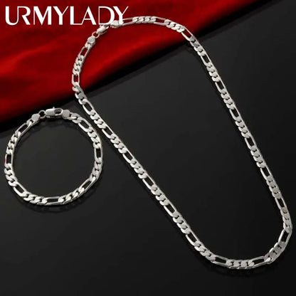 925 sterling silver 4MM chain Bracelet Necklace jewelry set