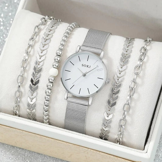 6pc Silver Quartz Watch With Bracelet