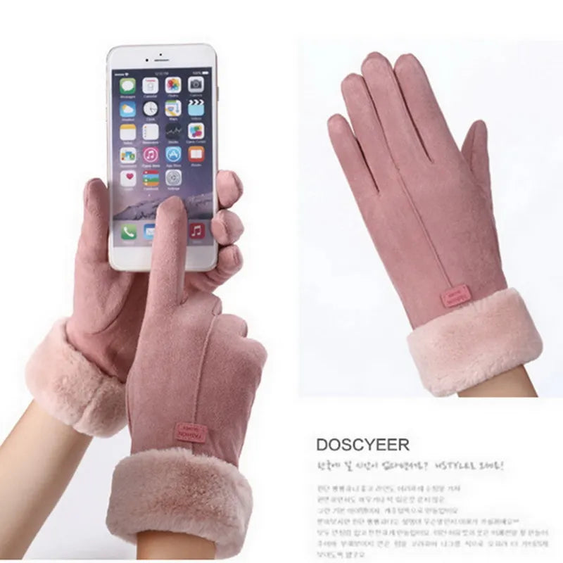 Winter Female Cashmere Warm Suede Leather Gloves