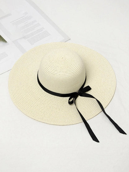 1pc Women Solid Bow Wide Brim Sun Protection Straw Hat