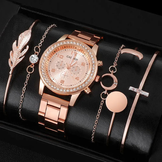 6PCS Set Women Rose Gold Luxury Quartz Watch